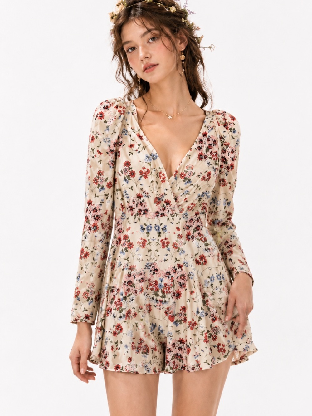 Maje Inora Silk Yellow Floral Print Long Sleeve Romper